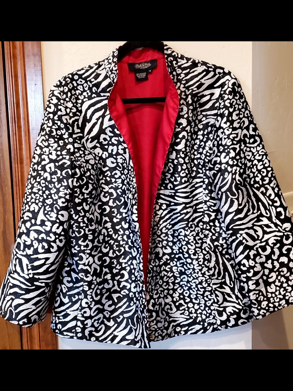 Peck & Peck Reversible Black & White Animal Print Blazer w/ Red On Reverse Sz 14